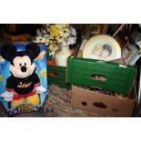 THREE BOXES OF ASSORTED HOUSEHOLD SUNDRIES TO INCLUDE MICKEY MOUSE DANCE STAR TOY, PICTURES ETC