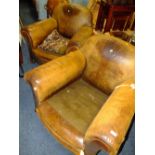 A PAIR OF VINTAGE CLUB STYLE LEATHER ?? ARMCHAIRS - NO SEAT CUSHIONS A/F (2)