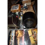 A BOX OF ASSORTED RADIOS AND ELECTRICALS TOGETHER WITH A SMALL QUANTITIES OF LP RECORDS ETC