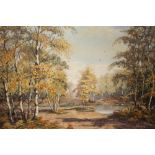 A FRAMED OIL ON BOARD OF A WOODED LANDSCAPE SIGNED J CURRIE LOWER RIGHT, OVERALL SIZE INC FRAME 73CM