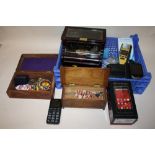 A TRAY OF COLLECTABLES TO INCLUDE A PIANO SHAPED JEWELLERY BOX, MOBILE PHONES ETC.