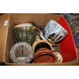 A BOX OF STUDIO POTTERY BOWLS, KITCHENALIA ETC.