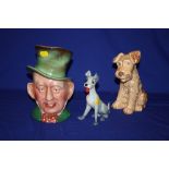 A SYLVAC DOG, A WADE LADY AND THE TRAMP FIGURE AND A MICAWBER CHARACTER JUG (3)