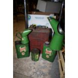 AN ESSO JERRY CAN, TOGETHER WITH TWO CASTROL OIL CANS, OIL JUGS