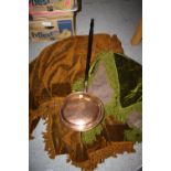 TWO VINTAGE TABLE CLOTHS TOGETHER A COPPER WARMING PAN