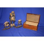 THREE EBONISED WOOD TRIBAL FIGURE TOGETHER WITH A TRINKET BOX (4)