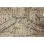 A CIRCLE OF LAURENCE STEPHEN LOWRY GILT FRAMED AND GLAZED PENCIL SKETCH OF A STREET SCENE