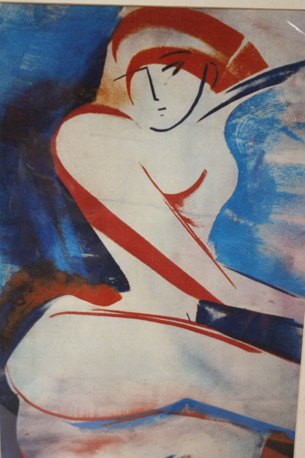 AN UNFRAMED MOUNTED MODERNIST FEMALE NUDE PRINT SIGNED STORK TO MOUNT IN PENCIL OVERALL SIZE