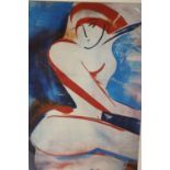 AN UNFRAMED MOUNTED MODERNIST FEMALE NUDE PRINT SIGNED STORK TO MOUNT IN PENCIL OVERALL SIZE