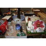 TWO BOXES OF ASSORTED CERAMICS, TOGETHER WITH A TRAY OF GLASSWARE AND A LARGE GLASS BOWL AND JUG