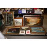 A QUANTITY OF PICTURES AND PRINTS TO INCLUDE A LARGE OIL ON CANVAS OF A RIVER SCENE, OIL ON BOARD,