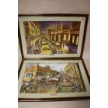 A PAIR OF FRAMED AND GLAZED BIRMINGHAM INTEREST BULLRING MARKETS MIXED MEDIA PICTURES