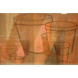 A FRAMED ABSTRACT PASTEL OF PLANT POTS