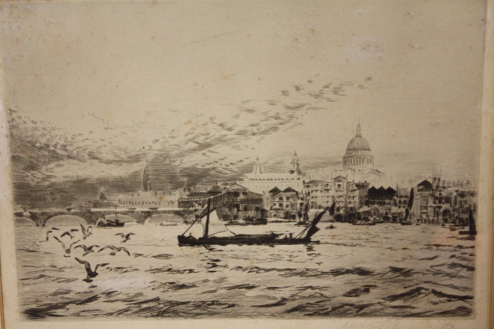 A FRAMED AND GLAZED SIGNED ETCHING ENTITLED 'THE THAMES AT ST PAUL'S' BY ANDREW WATSON TURNBULL,