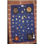 A WALL MOUNTED PENDANT DISPLAY OF WELSH BADGES AND MEDALS ETC