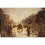 JOHN BAMPFIELD (b.1948). Impressionist rainy street scene with horse drawn cabs and figures,