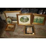 A COLLECTION OF GILT FRAMED PICTURES AND PRINTS TO INCLUDE A WATERCOLOUR OF A THATCHED COTTAGE,