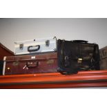 A VANGUARD HARD CASE, SUITCASE AND A LEATHER SATCHEL