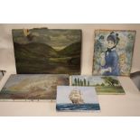 FOUR ASSORTED OIL ON CANVASES TOGETHER WITH PRINT (5) LARGEST 51CM X 36CM