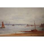 A FRAMED AND GLAZED WATERCOLOUR OF SEACOMBE PIER - MERSEY, SIGNED FREDERICK W WAUGH, 44CM X 25CM