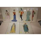 A COLLECTION OF SEVEN UNFRAMED WATERCOLOURS DEPICTING FIGURES IN MEDIEVAL COSTUME ALL INITIALLED K.