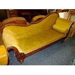 A 19TH CENTURY FRAMED UPHOLSTERED SCROLL ARM SETTEE