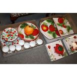 A QUANTITY OF STRAWBERRY PATTERNED DINNER WARE TO INCLUDE A CAKE STAND