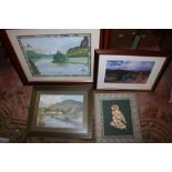 TWO FRAMED AND GLAZED WATERCOLOURS OF RIVER SCENES TOGETHER WITH A PRINT AND A 3D OWL PICTURE