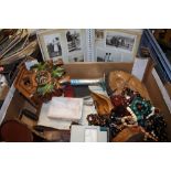 A TRAY OF COLLECTABLES TO INCLUDE A CUCKOO CLOCK, BLACK AND WHITE PHOTO ALBUM, CARVED TREEN ETC