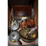 A BOX OF METALWARE TO INCLUDE PEWTER TEAPOT, FLATWARE ETC
