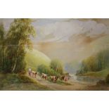 A GILT FRAMED AND GLAZED WATERCOLOUR OF A FIGURE DRIVING CATTLE TO THE STREAM, SIGNED R.E.HAGUE