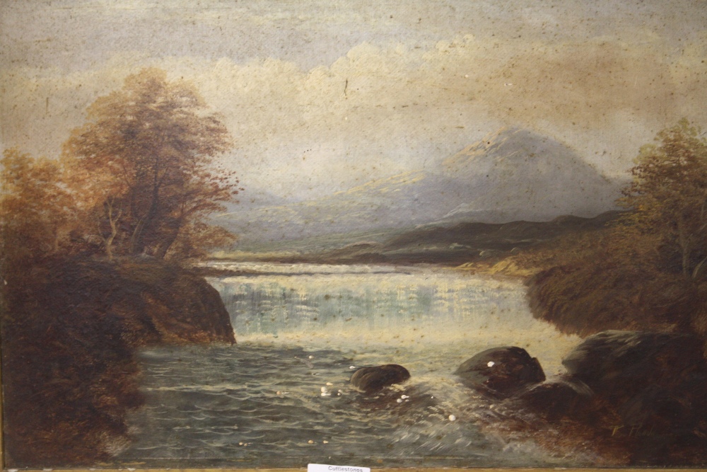 A GILT FRAMED OIL ON BOARD OF A COUNTRY WATERFALL