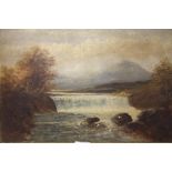 A GILT FRAMED OIL ON BOARD OF A COUNTRY WATERFALL