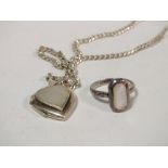 A MOTHER OF PEARL AND SILVER HEART SHAPED LOCKET ON CHAIN TOGETHER WITH A MOTHER OF PEARL AND SILVER