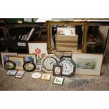 A GILT FRAMED MIRROR TOGETHER WITH A QUANTITY OF PRINTS, WATERCOLOUR, CLOCKS ETC