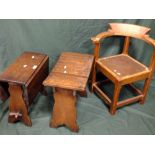 AN OAK CORNER ARMCHAIR WITH A SMALL OAK TABLE AND STOOL (3)