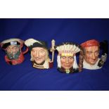 FOUR LARGE ROYAL DOULTON CHARACTER JUGS COMPRISING ARAMIS D6441, NORTH AMERICAN INDIAN D6611,