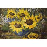 A FRAMED AND GLAZED OIL PAINTING OF SUNFLOWERS INDISTINCTLY SIGNED LOWER RIGHT, 49CM X 34CM