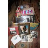 A BOX OF FILM STAR MEMORABILIA TO INCLUDE AUTOGRAPHS, POSTCARDS, MAGAZINES ETC