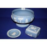 A WEDGWOOD JASPERWARE IMPERIAL FOOTED BOWL TOGETHER WITH A TRINKET BOX AND A PIN DISH (3)