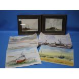 JAN CLUTTORBUCK, WATERCOLOUR OF A HARBOUR SCENE, along with two framed J.S Moody watercolours of