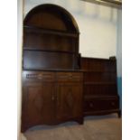 AN OAK DOME TOPPED DISPLAY UNIT / WELSH DRESSER AND A STAG SINGLE DRAWER BOOKSHELF