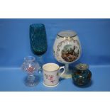 A MDINA GLASS VASE TOGETHER WITH TWO OTHER GLASS VASES, A CUT GLASS CANDLE HOLDER AND A ROYAL