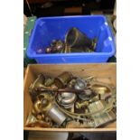 TWO BOXES OF METALWARE TO INCLUDE BRASS