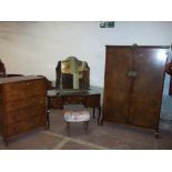 A FOUR PIECE WALNUT BURR FINISH BEDROOM SUITE WITH QUEEN ANNE LEGS