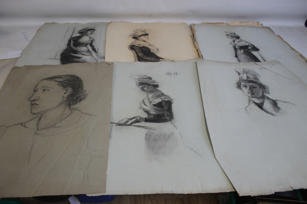 THIRTEEN CHARCOAL AND PENCIL PORTRAITS, drawings all with monogram M + H and signature on one