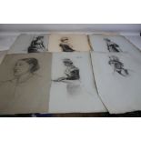 THIRTEEN CHARCOAL AND PENCIL PORTRAITS, drawings all with monogram M + H and signature on one