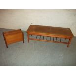 A TEAK COFFEE TABLE WITH STRETCHER RACK AND TEAK MAGAZINE RACK