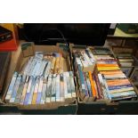 TWO TRAYS OF PAPERBACK NOVELS TO INCLUDE PATRICK O'BRIEN, FLASHMAN, JOHN MORTIMER ETC.