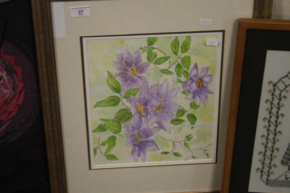 TWO FRAMED AND GLAZED MODERN TAPESTRIES TOGETHER WITH A WATERCOLOUR OF A CLEMATIS - Image 2 of 4